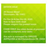 Estate Sale Fri Oct 24, Sat Oct 25 9am-2pm Uniontown PA 15301 