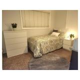 Ikea twin bedframe, mattress bedside table, dresser. Bedding/sheets also available