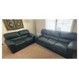Green leather sleeper sofa with coordinating loveseat and oversized chair