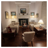 Living Room matching Love Seats,Queen Ann inn tables, black leather top vintage w/published Artist, 