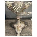 “Vintage German Dresden-style porcelain centerpiece with reticulated design and applied floral detai