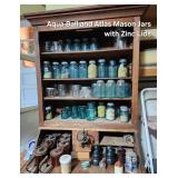 Vintage Ball Aqua Glass Canning Jars with Zinc Lids and small crocks