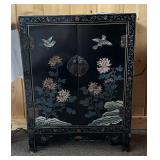 Orintal Hand Painted Black Lacquer Cabinet 30" T 23.125" w  11" D
