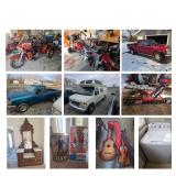 Harley Davidson Motorcycles, Pickup Trucks, Camper, Antique Furniture, Vintage Collectibles, Tools, 