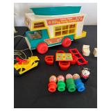 Vintage Fisher Price Play Family Camper - Set includes plastic camper, blue boat, yellow motorcycle 