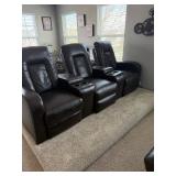 Home theater seating three (3) comfortable reclining seats with storage compartments and cup holders