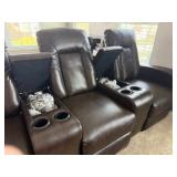 Home theater seating three (3) comfortable reclining seats with storage compartments and cup holders