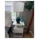 table lamp with a blue ombre finish and white shade & 3- tier white Nightstand with Charging Station