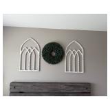 Cathedral Molded Wall Decor wood arch window frame wall art & Boxwood Artificial Wreaths 