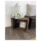 wood storage crate & Decorative Candle Lantern. 
