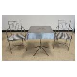 1242	MID CENTURY MODERN METAL TABLE WITH 2 CHAIRS, TABLE TOP DESIGN OF FOLDED LINEN TABLE CLOTH, TABLE APPROXIMATELY 31 IN SQ X 28 IN H, EACH CHAIR APPROXIMATELY 20 IN X 21 IN X 34 IN H, SOME SURFACE 