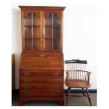 1257	SOLID CHERRY DUCKLOE BROS 2 PIECE SECRETARY DESK WITH WAVY GLASS PANELS AND WINDSOR STYLE CHAIR