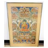 1084	"THANGKA HAND PAINTED, LARGE IN FRAME, APPROXIMATELY 28 IN X 42 IN OVERALL, English Translation Thangka No. 3022 Large old painting with Buddha Śākyamuni in the center, surrounded by many group