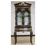 1229	BEAUTIFUL UNION NATIONAL CHINOISERIE NARROW CURIO W/ONE DRAWER, 3 GLASS SHELVES & INTERIOR LIGHTING, BEVELED GLASS DOORS & SIDES, PAINTED ARTIST SIGNED, APPROXIMATELY 30 IN X 14 IN X 72 IN