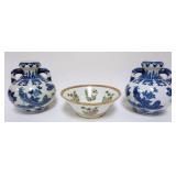 1005	PAIR OF ASIAN BLUE & WHITE PORCELAIN DOUBLE HANDLED VASES AND ROSE MEDALLION BOWL, VASES APPROX