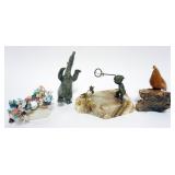 1027	GROUP OF ASSORTED FIGURES INCLUDING SIGNED ART METAL SCULPTURE ON MARBLE, STONE BEAR, WOOD BIRD