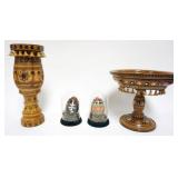 1030	UKRAINIAN DECORATED EGGS, CARVED WOOD VASE AND COMPOTE, LARGEST PIECE APPROXIMATELY 12 IN H