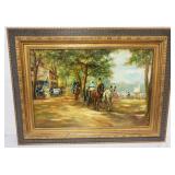 1082	H A HERMAN LARGE OIL PAINTING ON CANVAS, IMAGE OF COURTYARD AND HORSE DRAWN CARRIAGE, ASRTIST S