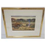 1095	FRAMED AND MATTED PRINT OF FIELDS BY MOUNTAIN SIDE, APPROXIMATELY 20 IN X 17 IN