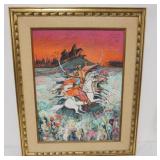 1101	E. KOZAK OIL PAINTING ON BOARD, IMAGE OF SOLDIERS ON HORSEBACK, ARTIST SIGNED, APPROXIMATELY 26