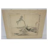 1104	AISIAN PRINT, IMAGE OF PEOPLE FISHING, APPROXIMATELY 23 IN X 18 IN OVERALL