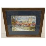 1105	ARTIST SIGNED WATERCOLOR, IMAGE OF CITIY SKYLINE ALONG WATER EDGE, APPROXIMATELY 22 IN X 18 IN 