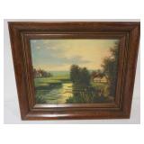 1111	OIL PAINTING ON BOARD, COTTAGE ALONG WATERWAY, APPROXIMATELY 11 IN X13 IN OVERALL