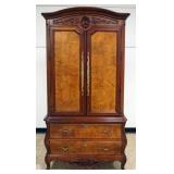 1197	CENTURY FURNITURE BURL WOOD 2 DOOR, 2 DRAWER WARDROBE ON BOMBE STYLE BASE, SHELL CARVED CREST, 
