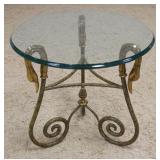 1214	MAITLAND SMITH GLASS TOP TABLE WITH SWAN HEADS, APPROXIMATELY 22 IN X 21 IN H