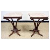 1217	PAIR OF MAHOGANY PLUME BASE MARBLE TOP TABLES, EACH APPROXIMATELY 22 IN SQ X 31 IN H