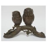 1018	BRONZE OWLS PERCHED ON BRANCH, APPROXIMATELY 12 IN X 4 IN X 8 IN HIGH
