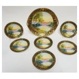 1037	HAND PAINTED NIPPON DESSERT SET W/6-6 1/2 IN PLATES & 11 1/4 IN DISH