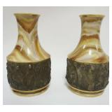 1047	PAIR OF NIPPON VASES W/RELIEF DESIGN BORDERS, EACH APPROXIMATELY 12 IN HIGH, HOLES DRILLED IN B