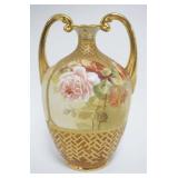 1061	HAND PAINTED NIPPON DOUBLE HANDLED VASE, 11 IN HIGH