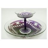 1126	LARGE AMETHYST CUT TO CLEAR COMPOTE WITH UNDER BOWL, APPROXIMATELY 13 IN X 7 IN H