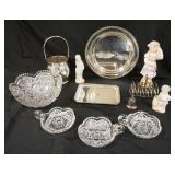 1127	GROUP OF ASSORTED SILVERPLATE, CUT GLASS BOWL & BISQUE FIGURES