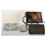 1129	GROUP OF ASSORTED WOMANS CHANGE PURSES AND HANDBAGS, LARGEST APPROXIMATELY 9 IN X 7 IN