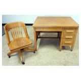 1198	OAK OFFICE DESK HAVING 4 DRAWERS & PULL OUT WRITING SURFACE WITH SWIVEL DESK CHAIR, DESK APPROX