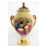 1004	AYNSLEY HAND PAINTED COVERED URN WITH IMAGES OF FRUIT AND FLOWERS, ARTIST SIGNED, APPROXIMATELY