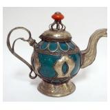 1017	VINTAGE MOROCCAN TOOLED METAL OVER TOURQUOISE GLAZED REDWARE, APPROXIMATELY 10 IN H