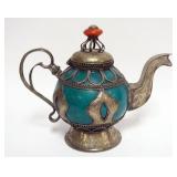 1018	VINTAGE MOROCCAN TOOLED METAL OVER TOURQUOISE GLAZED REDWARE, APPROXIMATELY 10 IN H