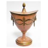 1099	FRENCH WEIGHTED TIN TOLE DECORATED COVERED URN WITH LIONS HEADS, 