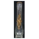 1156	TALL GLASS FLOWER VASE W/GILT METAL RING ON TOP RIM & CENTER COLAR W/IMAGE OF A BASKET W/FRUIT,
