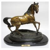 1001	BRONZE SCULPTURE OF HORSE *STALLION* BY P.J. MENE ON MARBLE BASE WITH ATRIBUTTED SIGNATURE PLAQUE, APPROXIMATELY 21 IN X 12 IN X 17 IN H