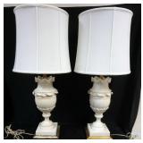 1135	LARGE PAIR OF CARVED ALABASTER URN TABLE LAMPS, EACH APPROXIMATELY 37 IN H