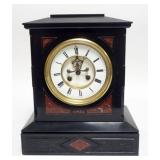 1016	ANTIQUE SLATE WITH INSET MARBLE MANTLE CLOCK, WITH OPEN ESCAPEMENT FACE, APPROXIMATELY 11 1/2 I