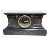 1018	MARBLE MANTLE CLOCK WITH INSET METAL NEOCLASSICAL SCENES, TOP OF CLOCK HAS CHIPS ON 2 CORNERS, 