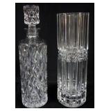 1024	HEAVY CRYSTAL DECANTOR AND VASE, TALLEST APPROXIMATELY 13 IN H