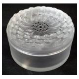 1028	LALIQUE FRANCE CRYSTAL DAHLIA ROUND DRESSER BOX, APPROXIMATELY 5 1/2 IN X 3 1/2 IN