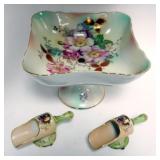 1049	GERMAN CHINA COMPOTE AND 2 HAND PAINTED SUGAR SCOOPS, COMPOTE APPROXIMATELY 9 IN X 9 IN X 7 IN 